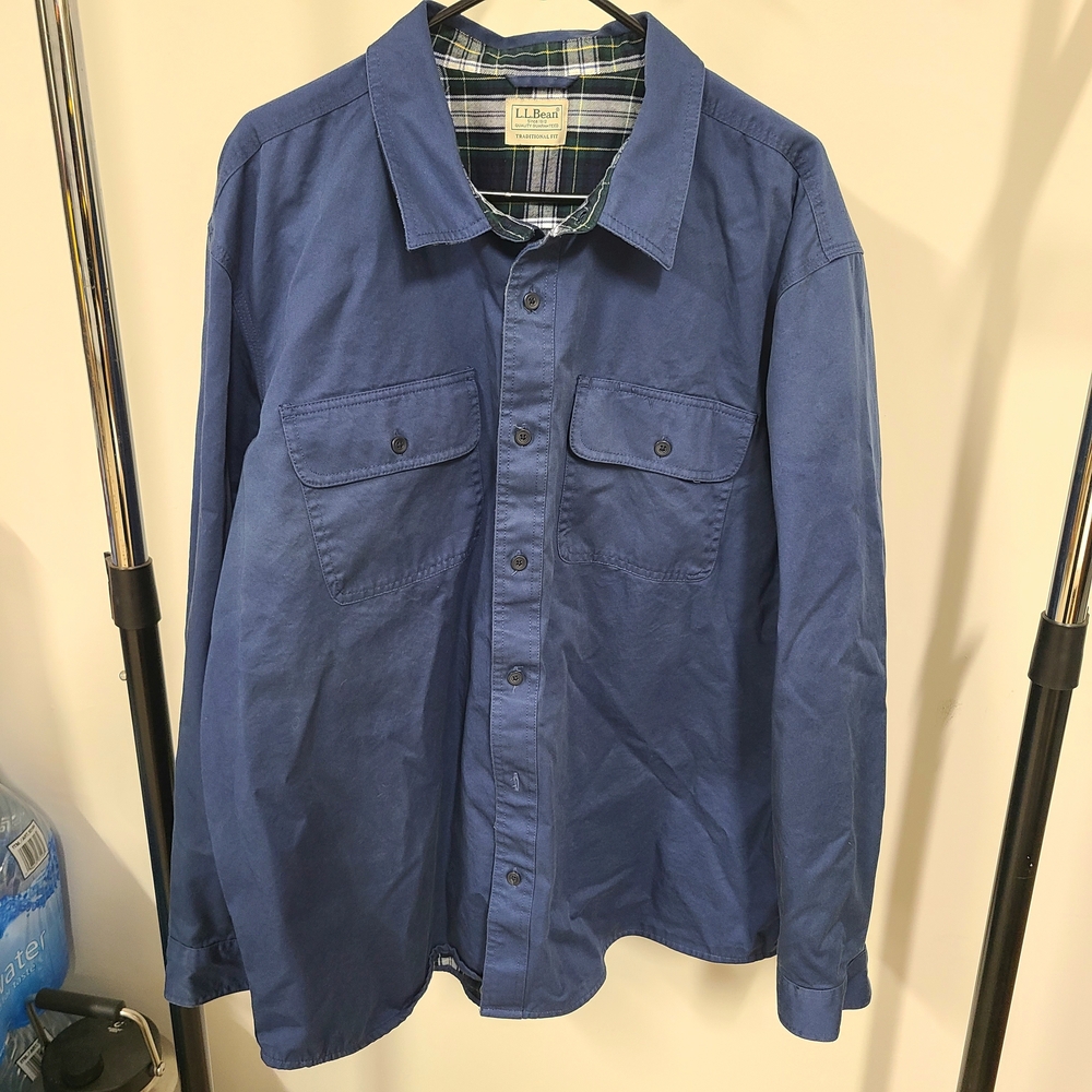 LL Bean Mens Flannel-Lined Hurricane Shirt Size Large Navy BluChore Hunting Warm